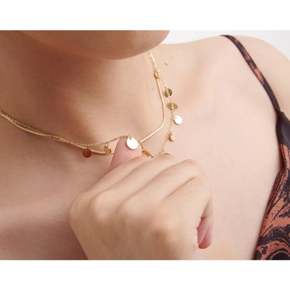 New 18K Gold Plated Coin Drop Double Layer Herringbone Necklace - Picture 2 of 7